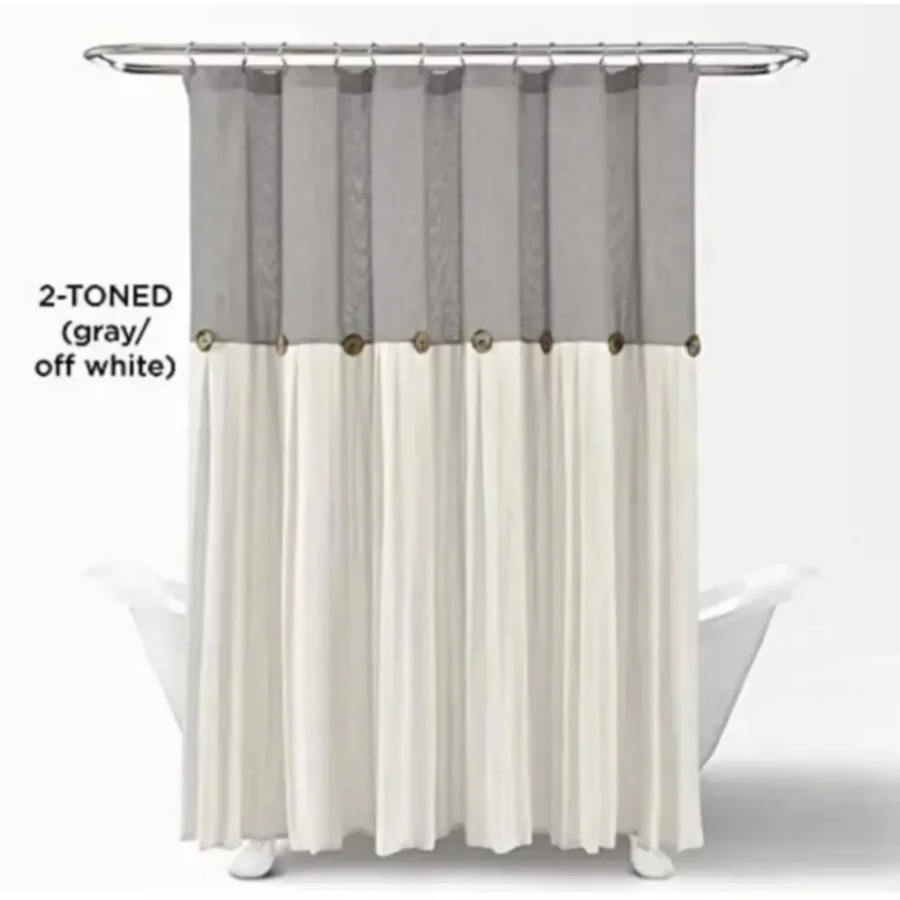 Lush Decor Linen Button Shower Curtain Gray White 72x72 Cotton Blend Pleated